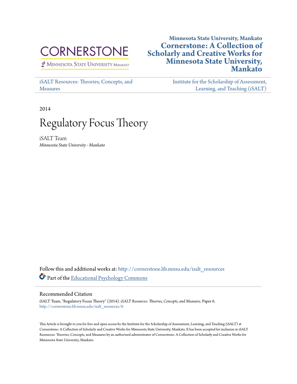 Regulatory Focus Theory Isalt Team Minnesota State University - Mankato