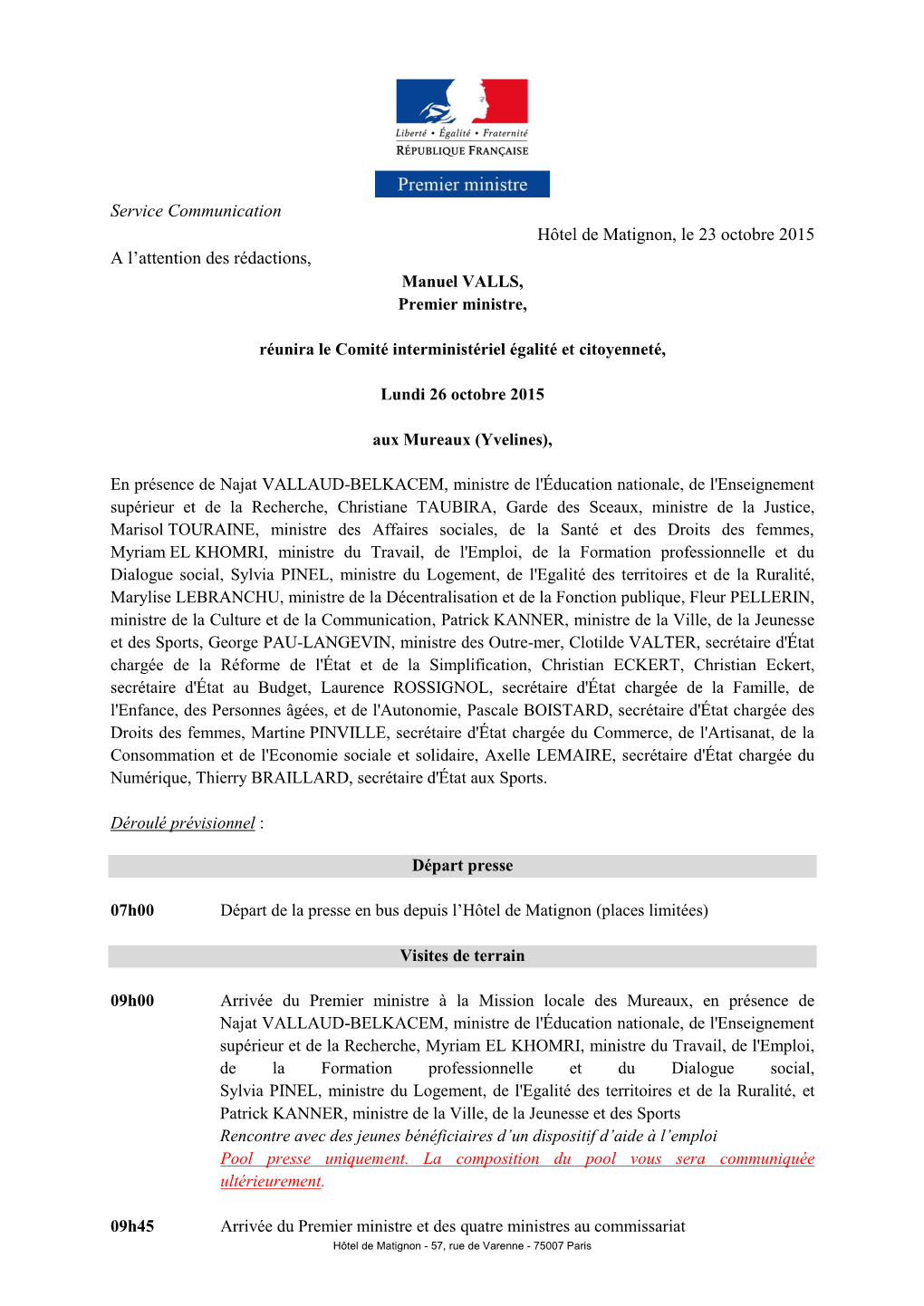 Service Communication Hôtel De Matignon, Le 23 Octobre 2015 a L’Attention Des Rédactions, Manuel VALLS, Premier Ministre