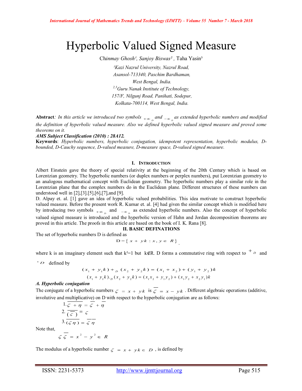 Hyperbolic Valued Signed Measure