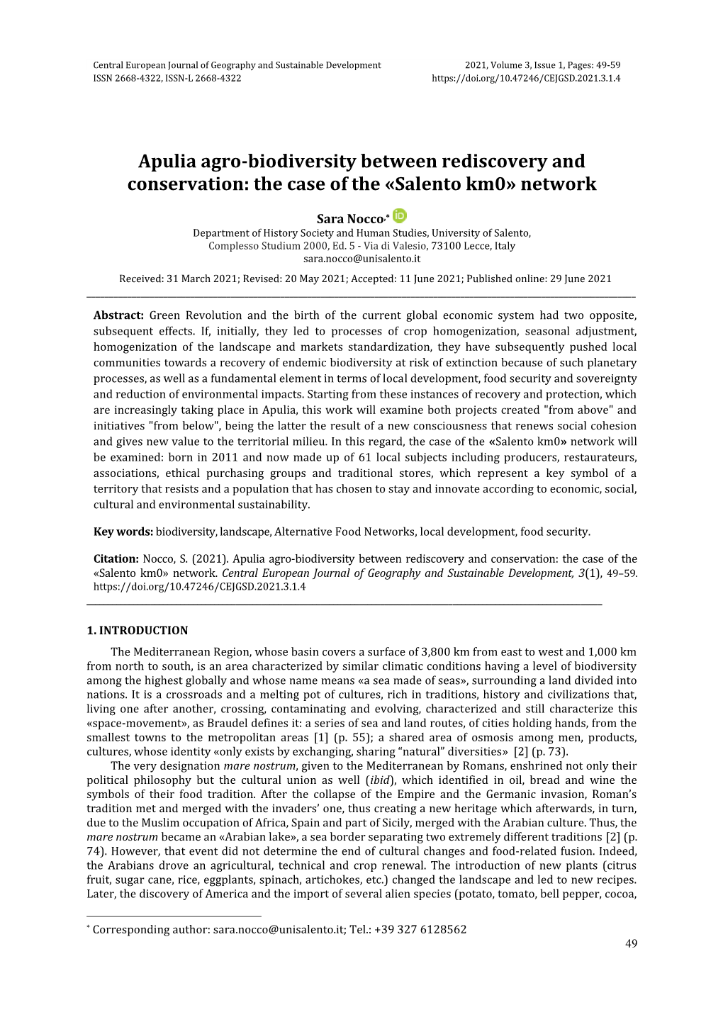 Apulia Agro-Biodiversity Between Rediscovery and Conservation: the Case of the «Salento Km0» Network