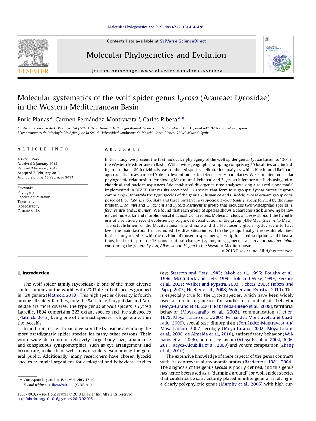 Molecular Systematics of the Wolf Spider Genus Lycosa (Araneae: Lycosidae) in the Western Mediterranean Basin