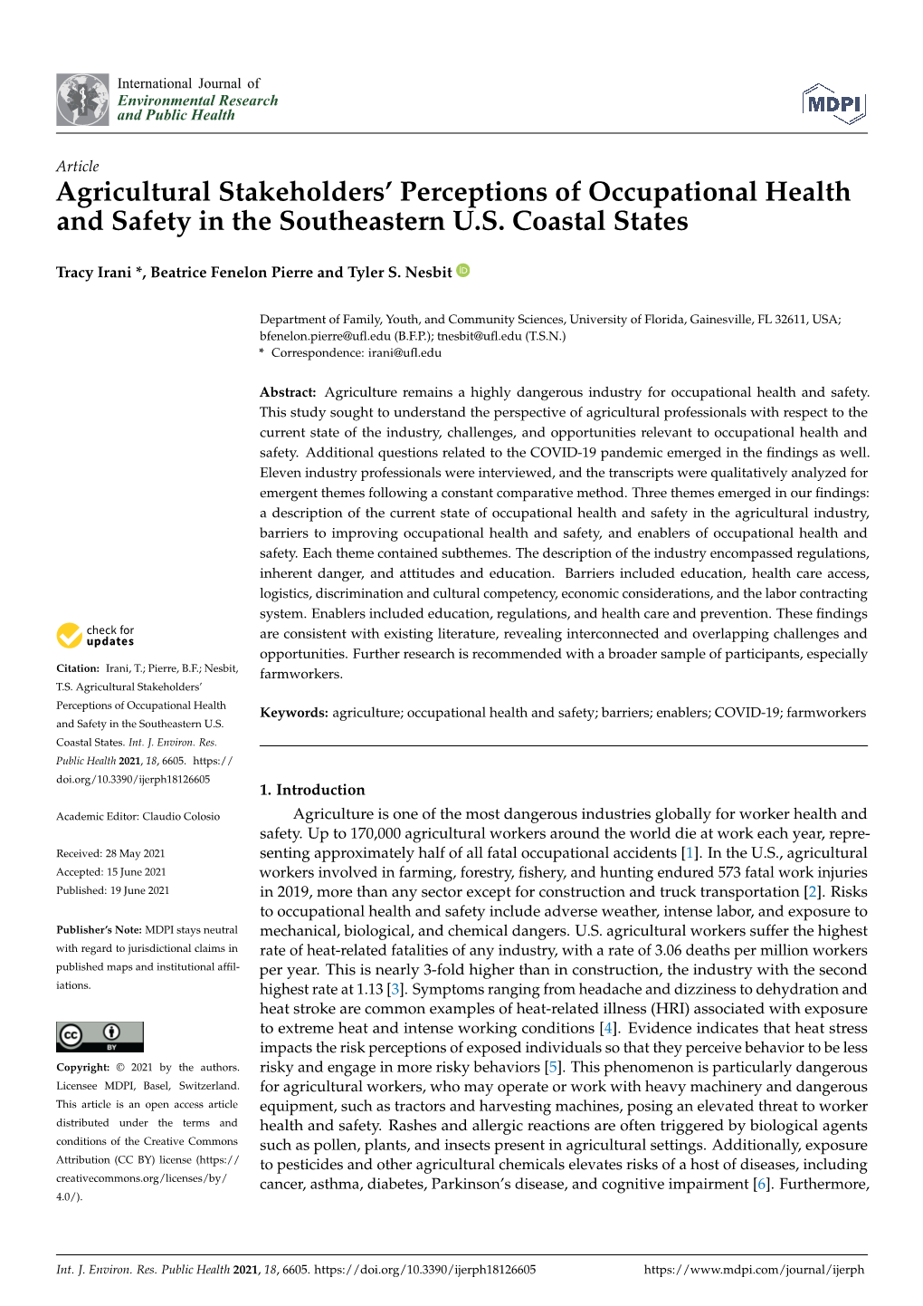 Agricultural Stakeholders' Perceptions of Occupational Health and Safety in the Southeastern U.S. Coastal States