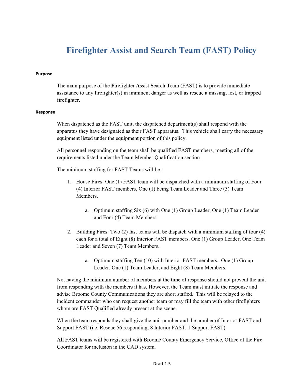 Firefighter Assist and Search Team (FAST) Policy