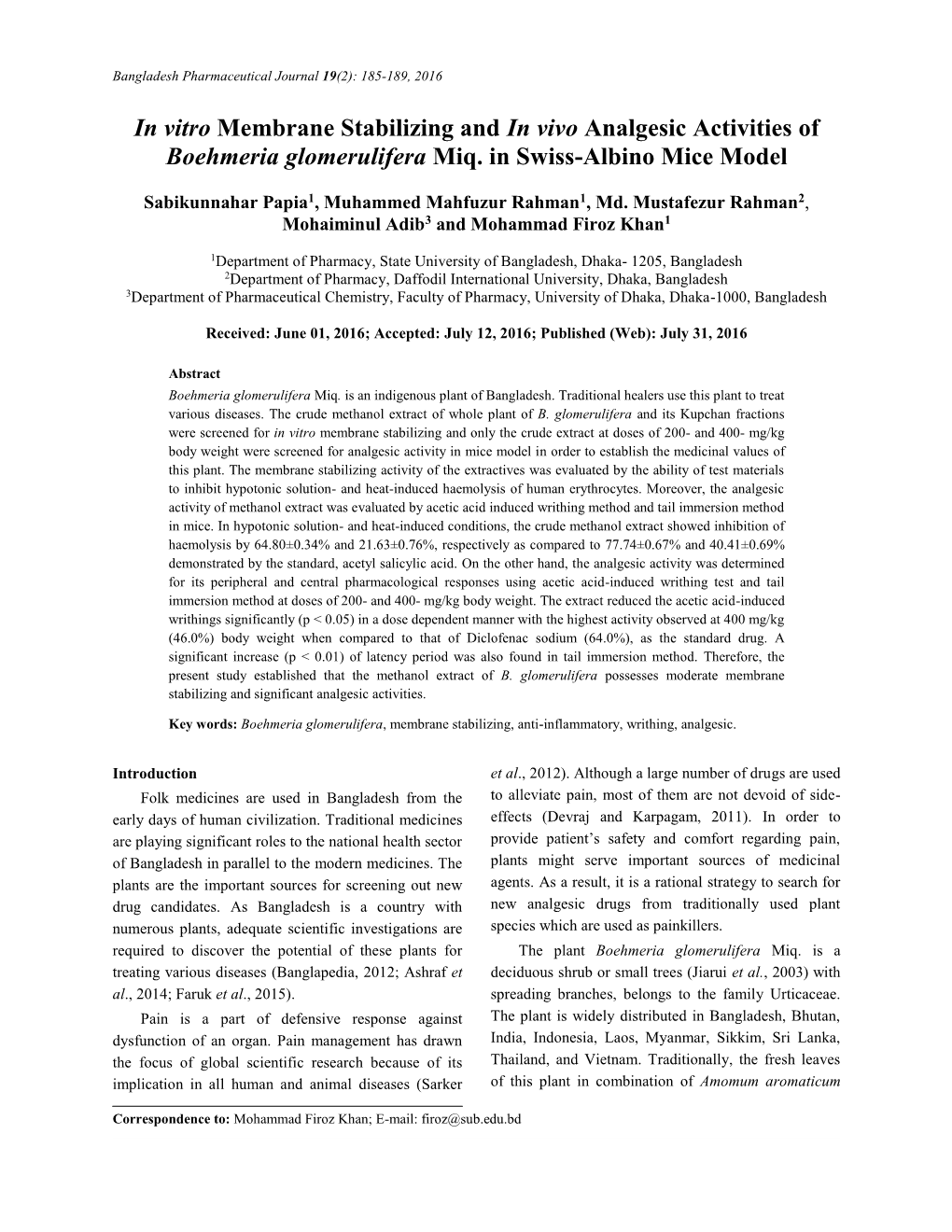 In Vitro Membrane Stabilizing and in Vivo Analgesic Activities of Boehmeria Glomerulifera Miq