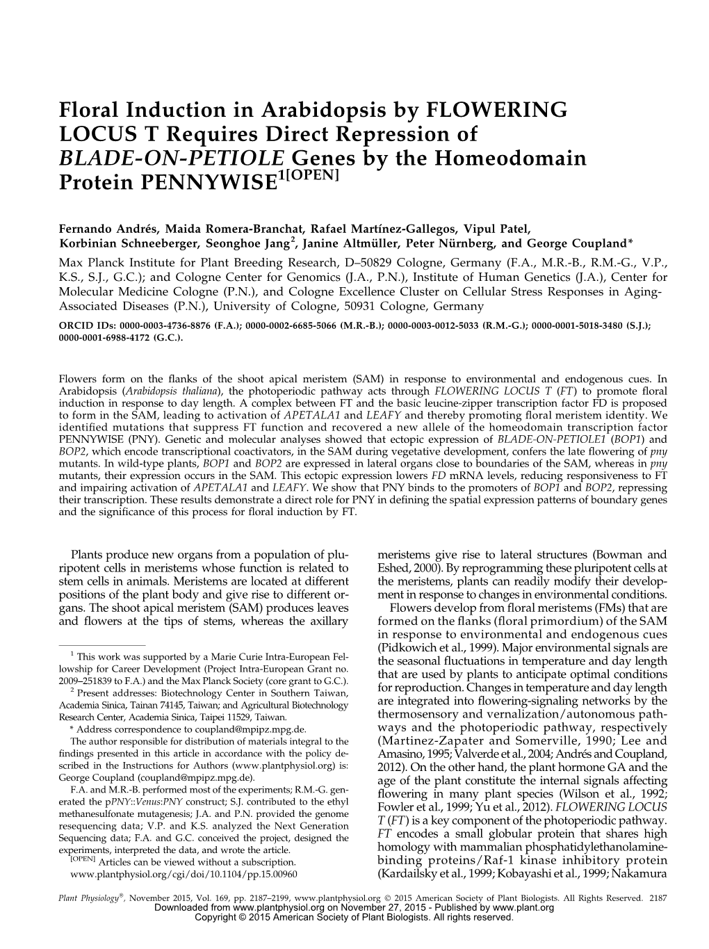 Floral Induction in Arabidopsis by FLOWERING LOCUS T Requires Direct Repression of BLADE-ON-PETIOLE Genes by the Homeodomain Protein PENNYWISE1[OPEN]