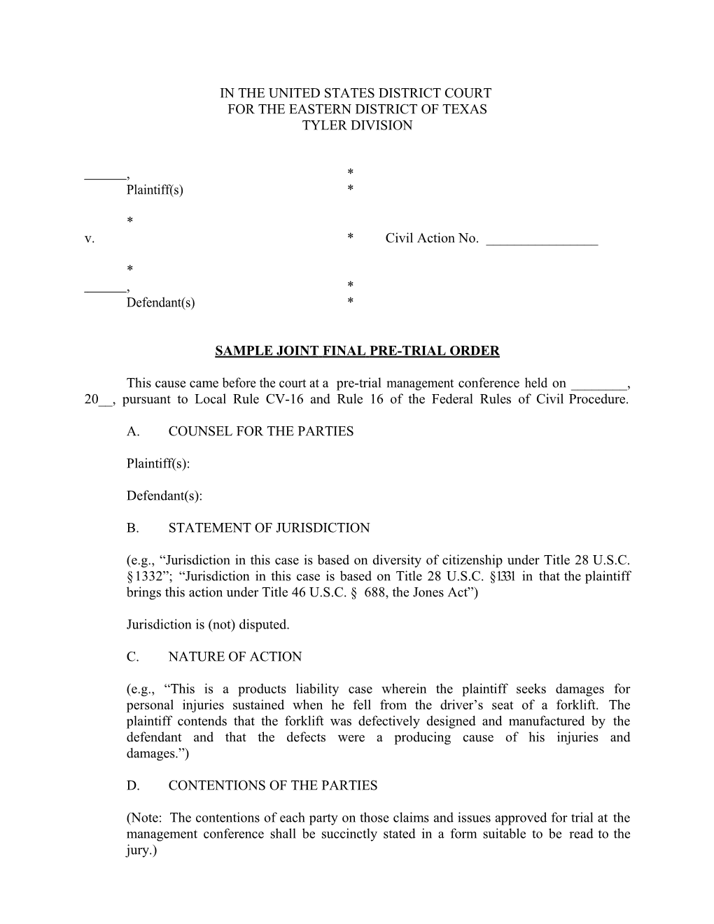 Joint Final Pretrial Order 3.19.14