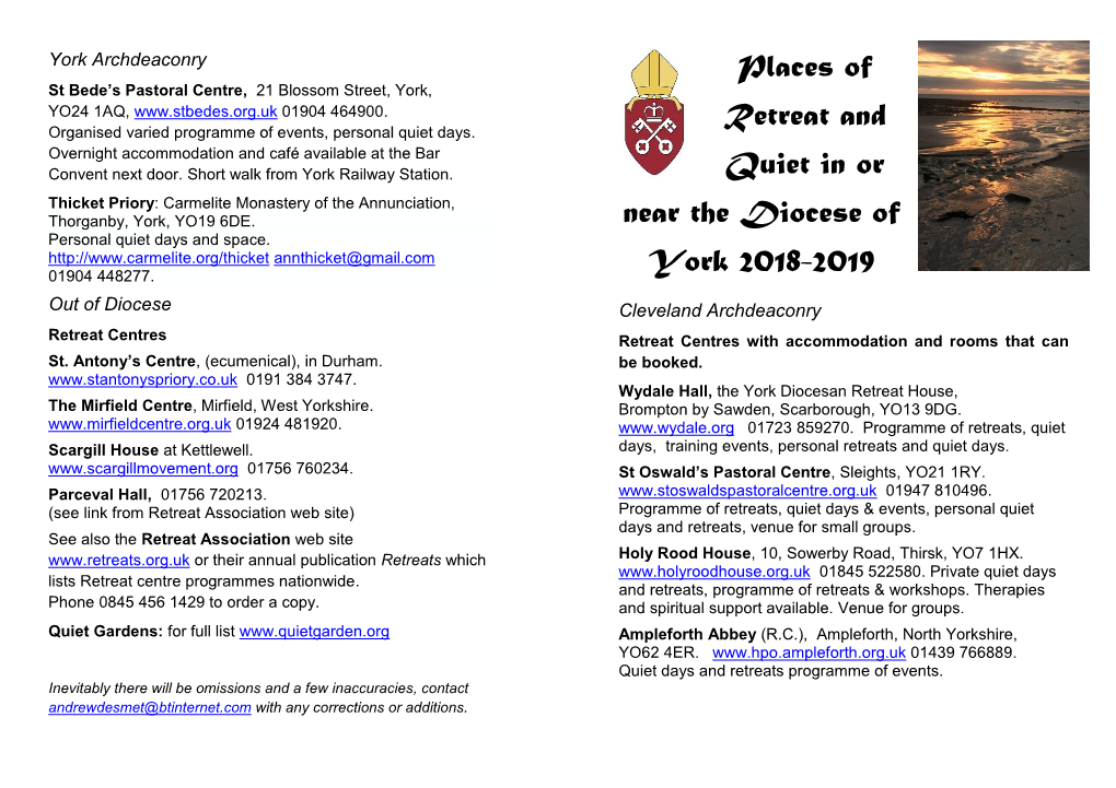 Places of Retreat and Quiet in Or Near the Diocese of York 2018-2019