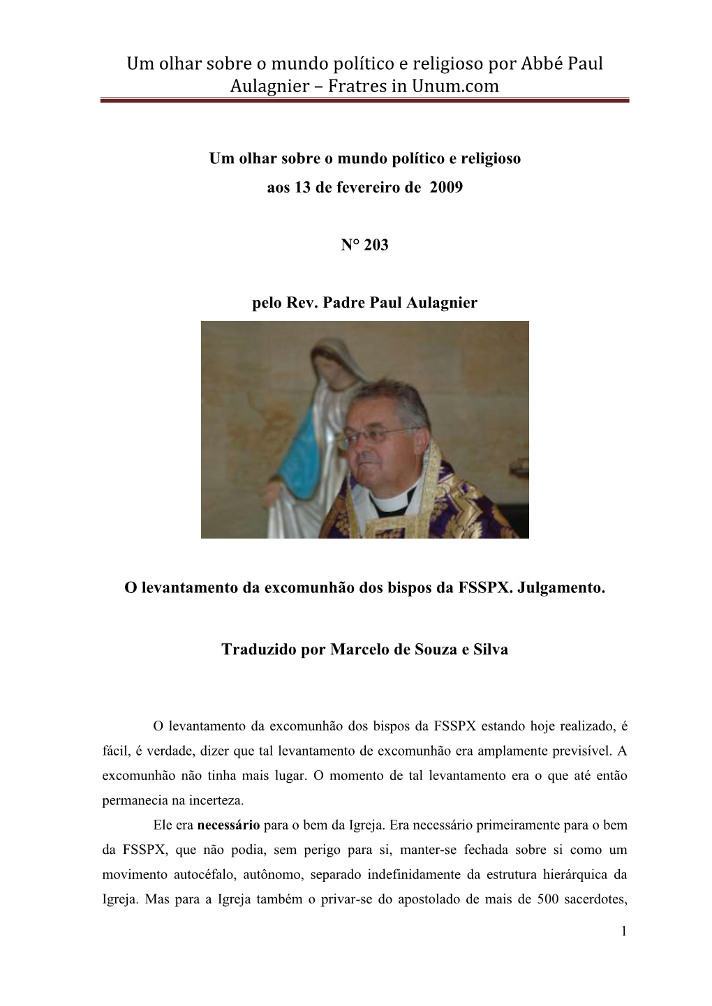 Um Olhar Sobre O Mundo Político E Religioso Por Abbé Paul Aulagnier – Fratres in Unum.Com