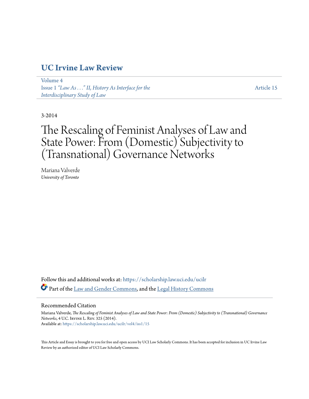 Subjectivity to (Transnational) Governance Networks Mariana Valverde University of Toronto