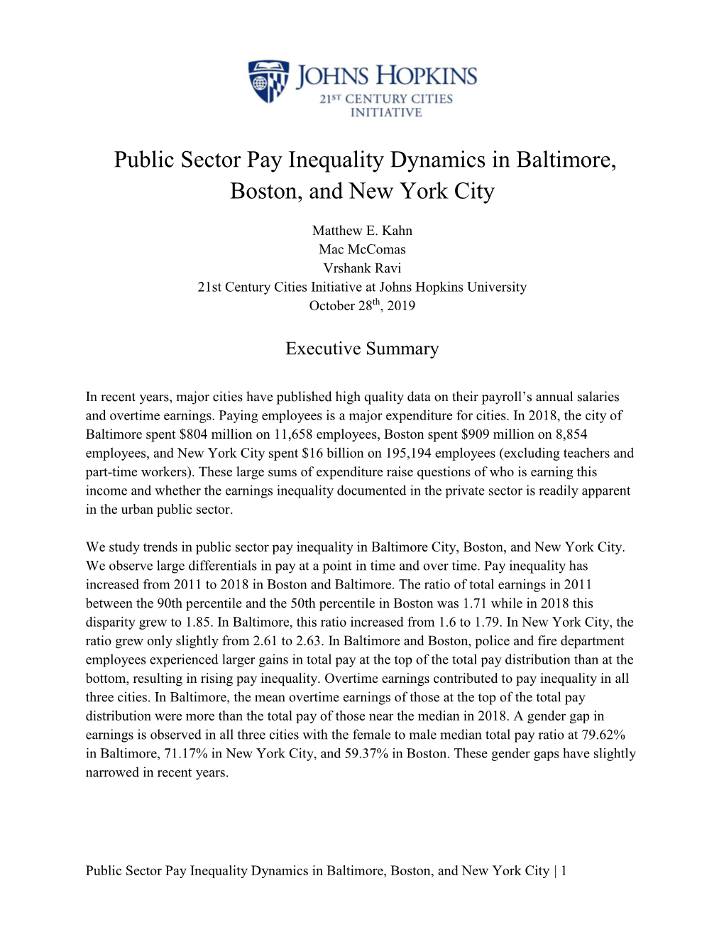 Public Sector Pay Inequality Dynamics in Baltimore, Boston, and New York City