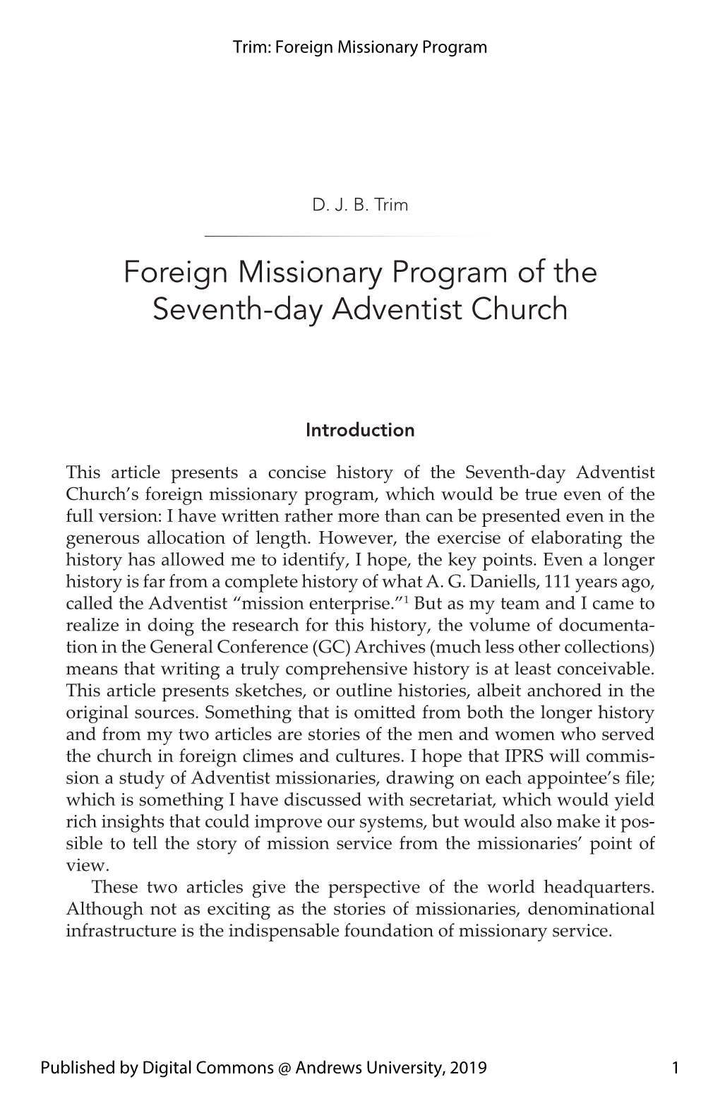 Foreign Missionary Program of the Seventh-Day Adventist Church