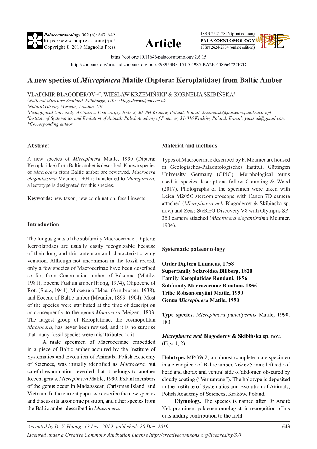 A New Species of Micrepimera Matile (Diptera: Keroplatidae) from Baltic Amber