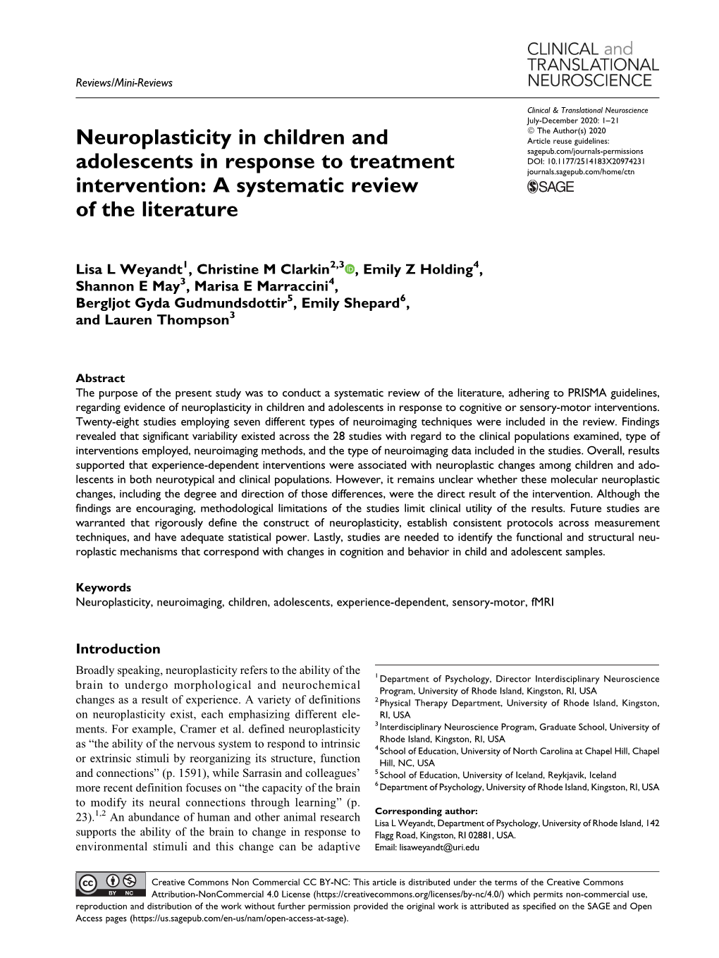 Neuroplasticity in Children and Adolescents in Response to Cognitive Or Sensory-Motor Interventions