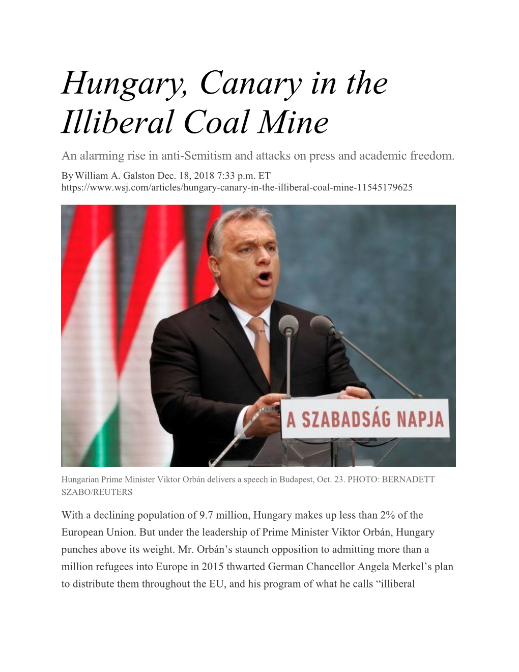 Hungary, Canary in the Illiberal Coal Mine an Alarming Rise in Anti-Semitism and Attacks on Press and Academic Freedom