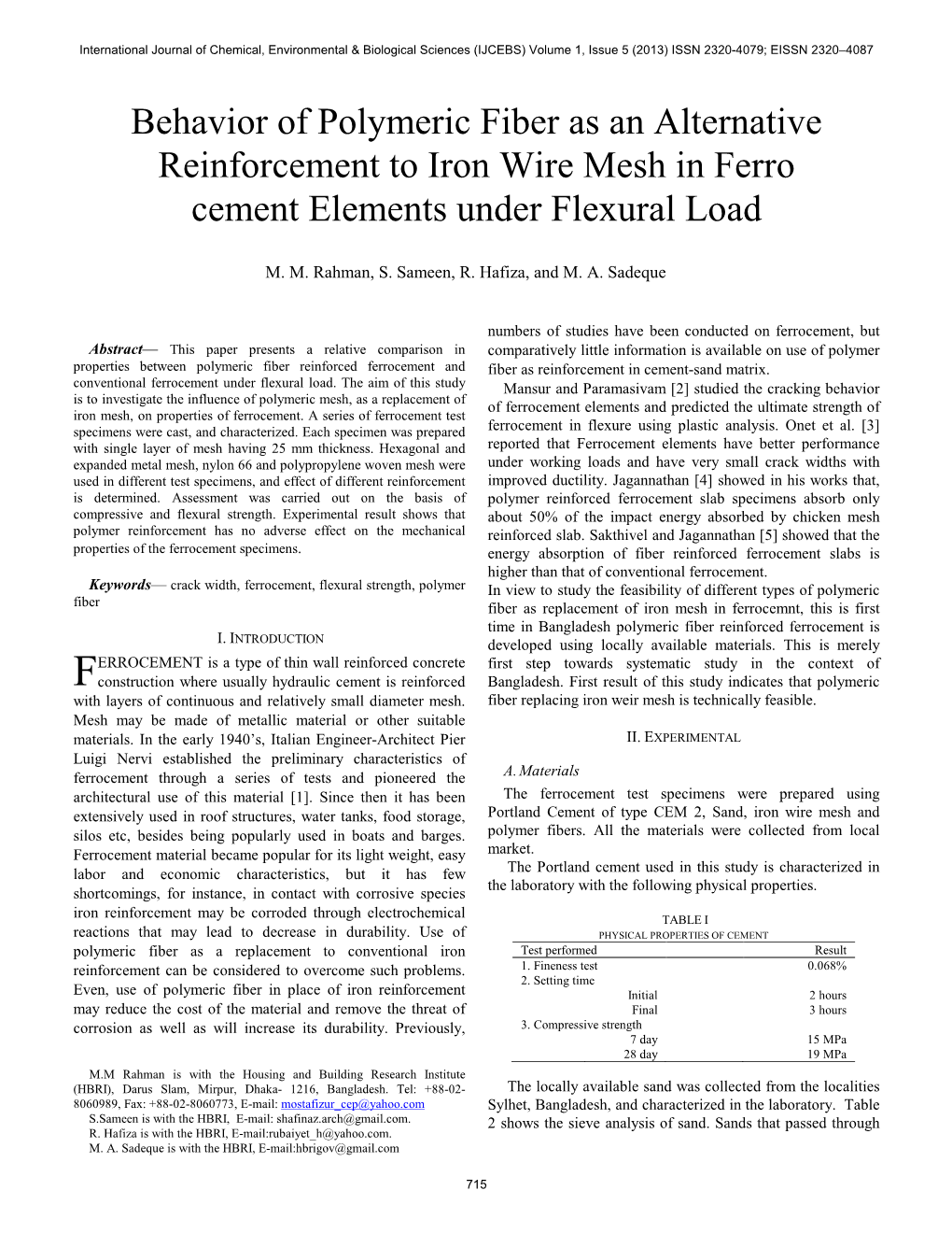 Behavior of Polymeric Fiber As an Alternative Reinforcement to Iron Wire Mesh in Ferro Cement Elements Under Flexural Load