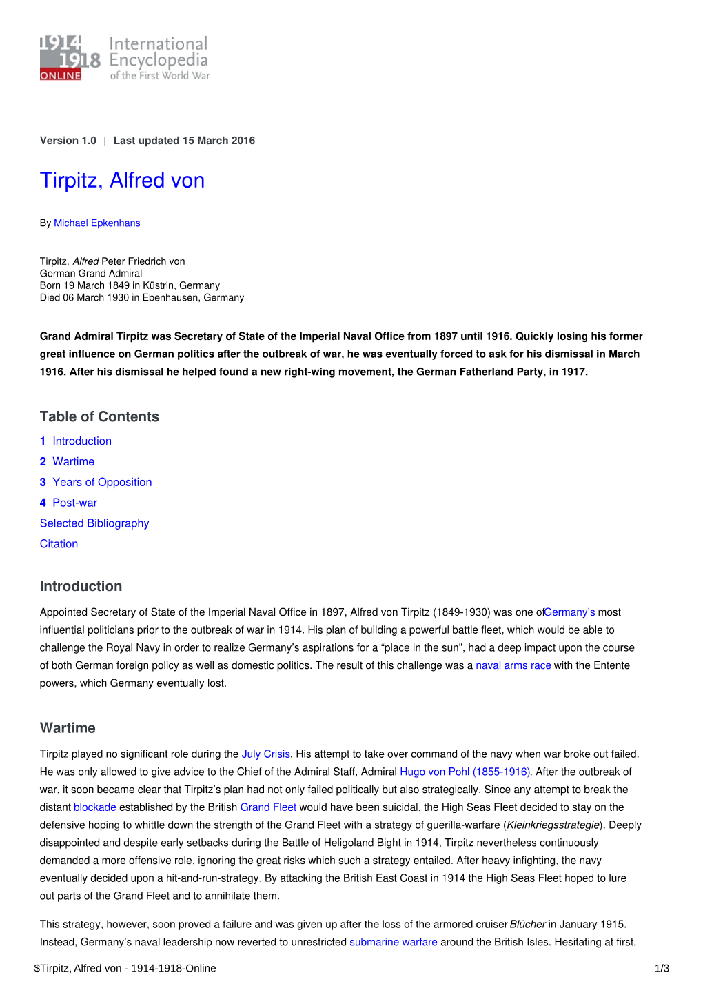 Tirpitz, Alfred Von | International Encyclopedia of the First World War