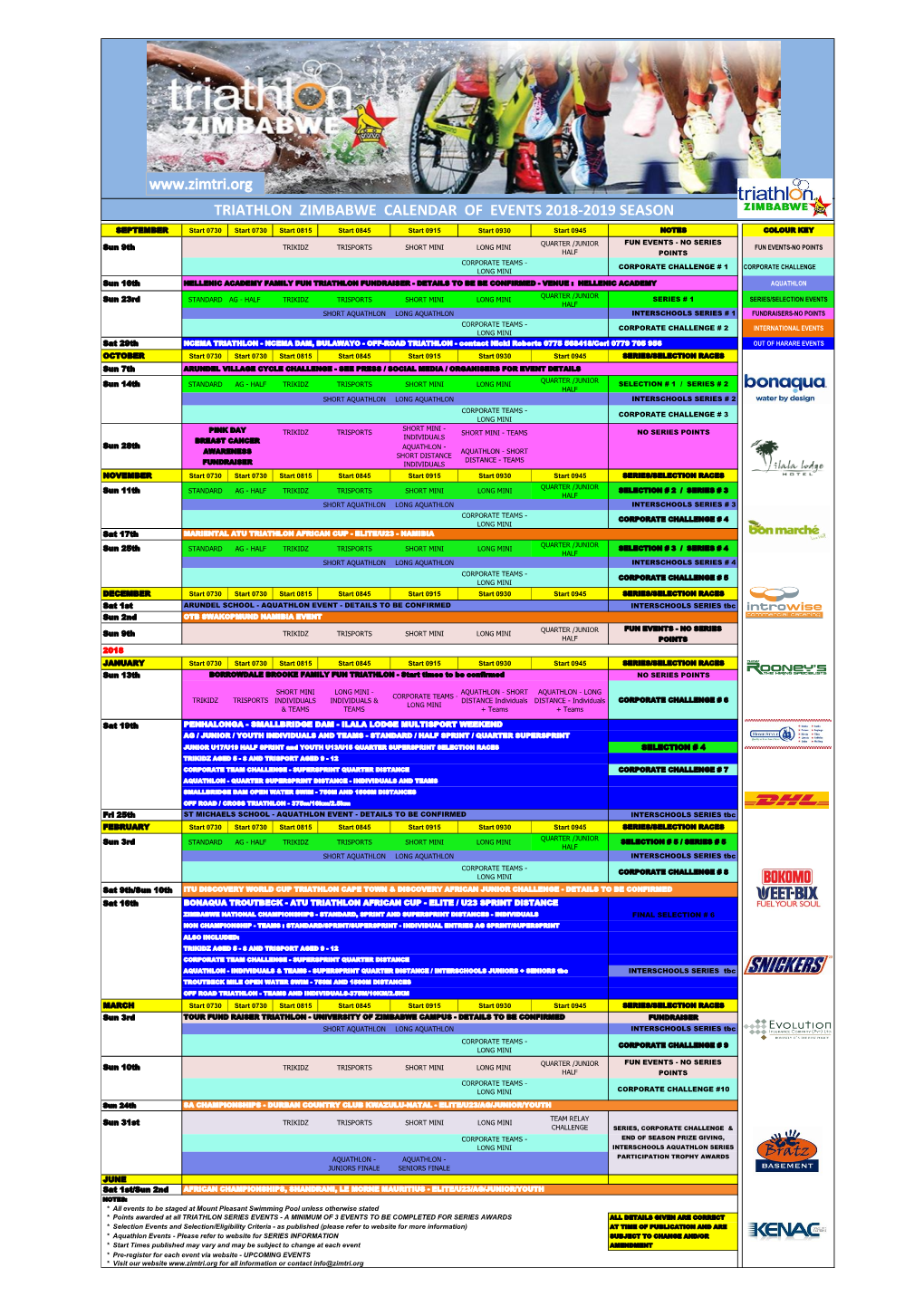 Triathlon Zimbabwe Calendar of Events 2018-2019 Season