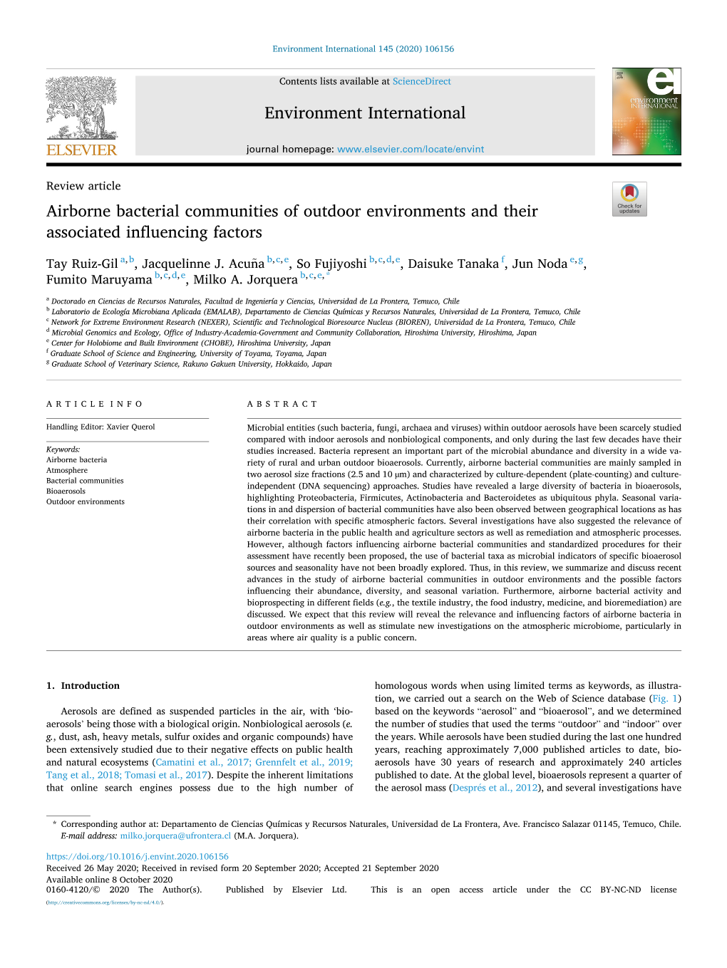 Airborne Bacterial Communities of Outdoor Environments and Their Associated Influencing Factors