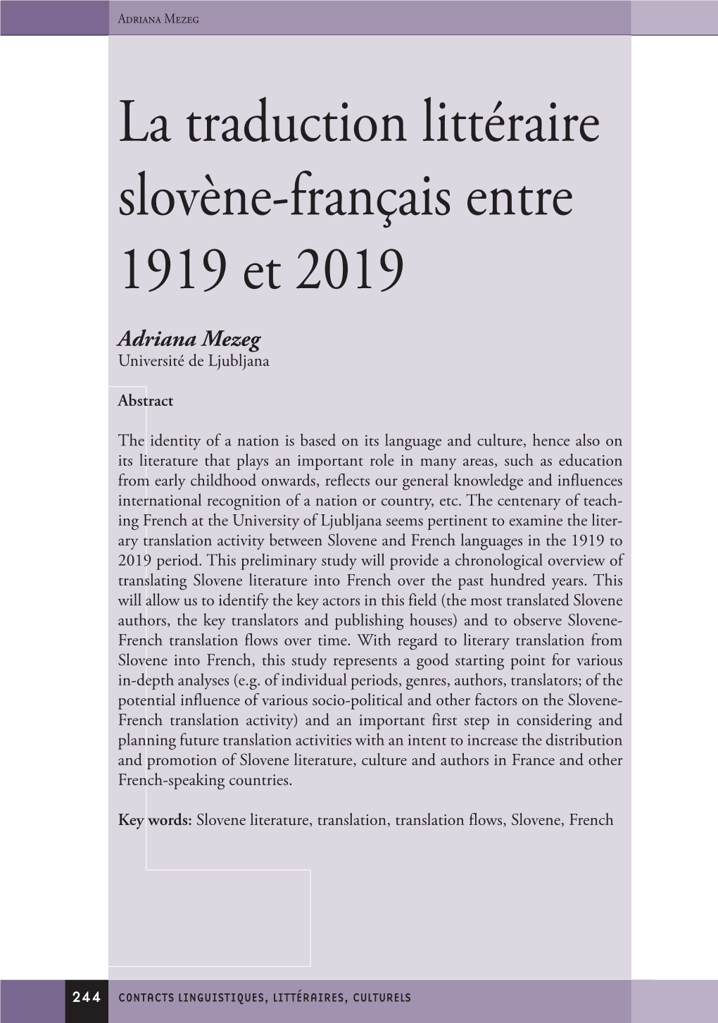 Lla Traduction Littéraire Slovène-Français Entre 1919 Et 2019