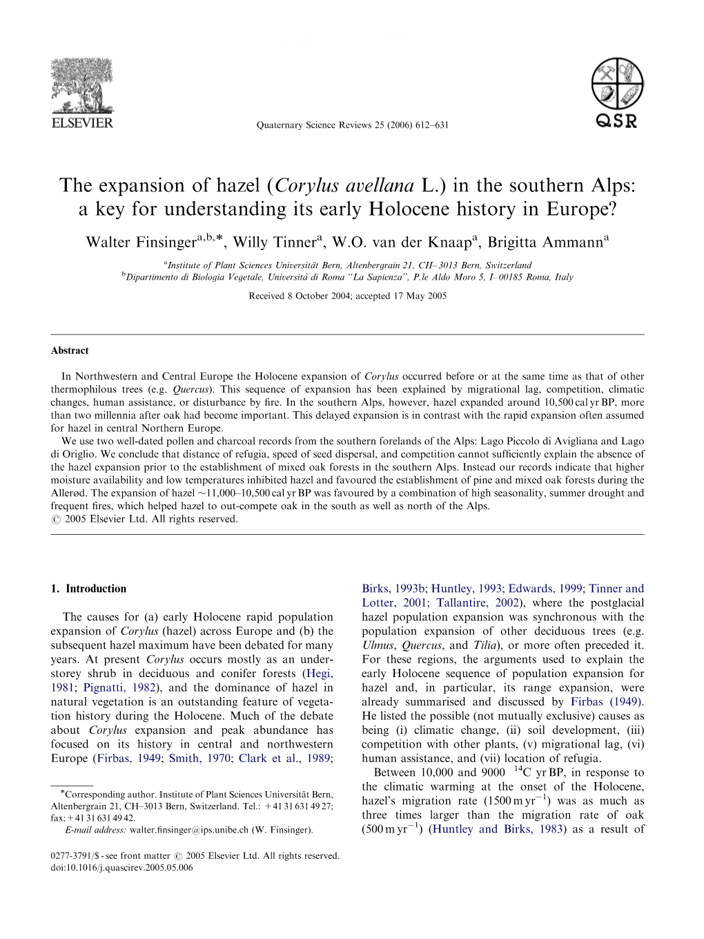 The Expansion of Hazel (Corylus Avellana L.) in the Southern Alps: a Key for Understanding Its Early Holocene History in Europe?