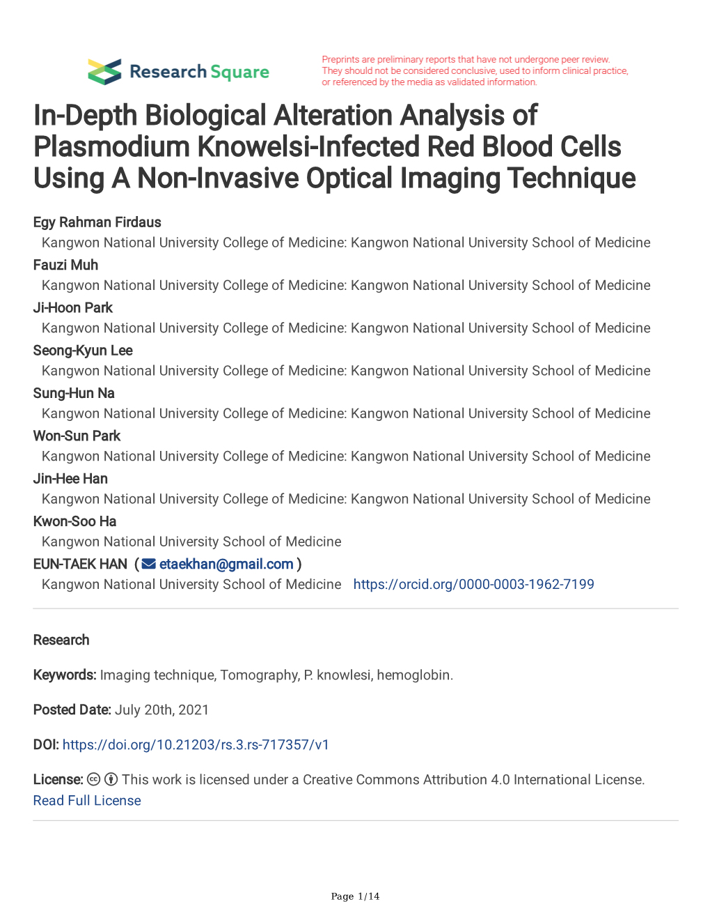 In-Depth Biological Alteration Analysis of Plasmodium Knowelsi-Infected Red Blood Cells Using a Non-Invasive Optical Imaging Technique