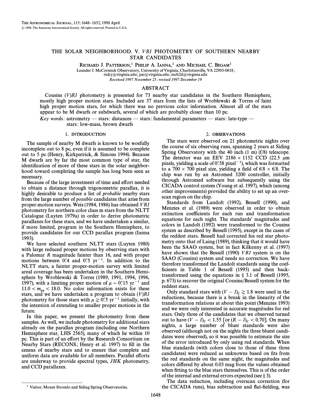 The Solar Neighborhood. V. Vri Photometry of Southern Nearby Star Candidates Richard J.Patterson,1 Philip A