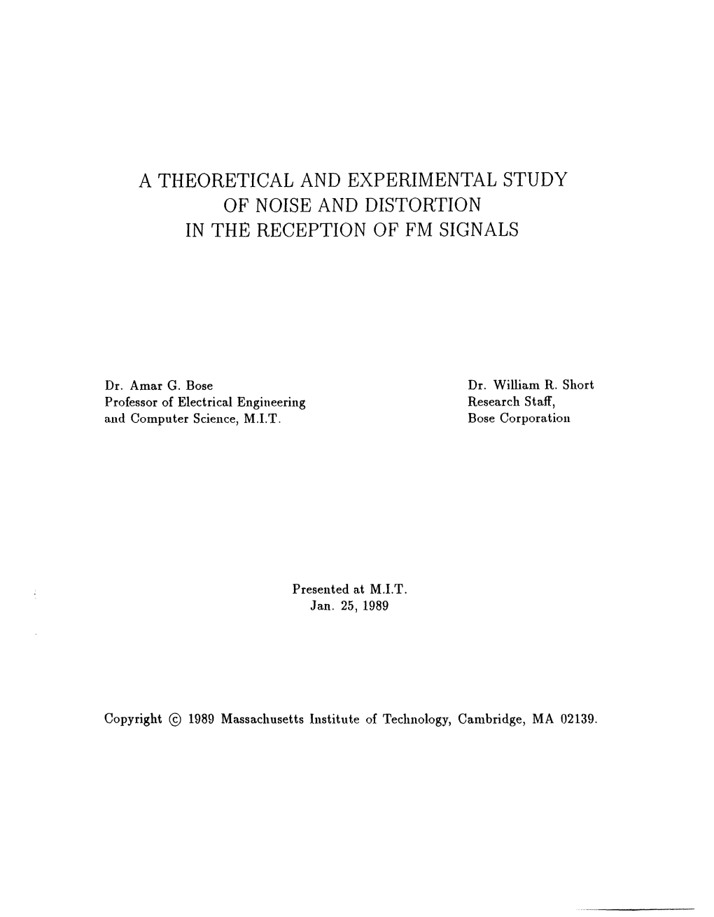 A Theoretical and Experimental Study of Noise and Distortion in the Reception of Fm Signals