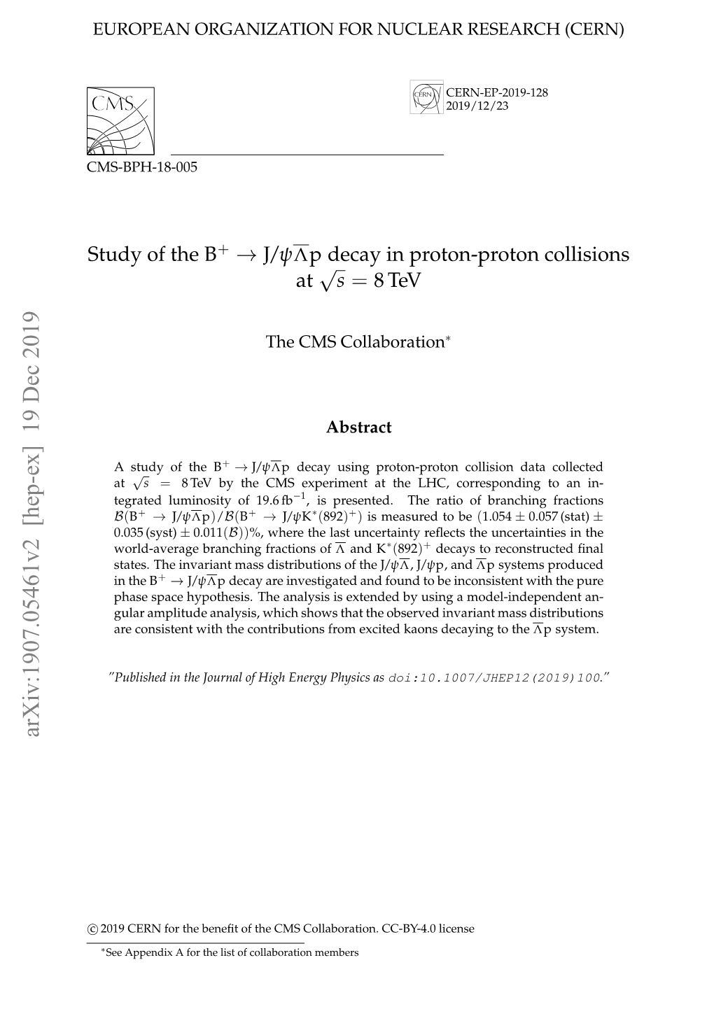 Study of the B+ to J/Psi Lambda-Bar P Decay in Proton-Proton Collisions At