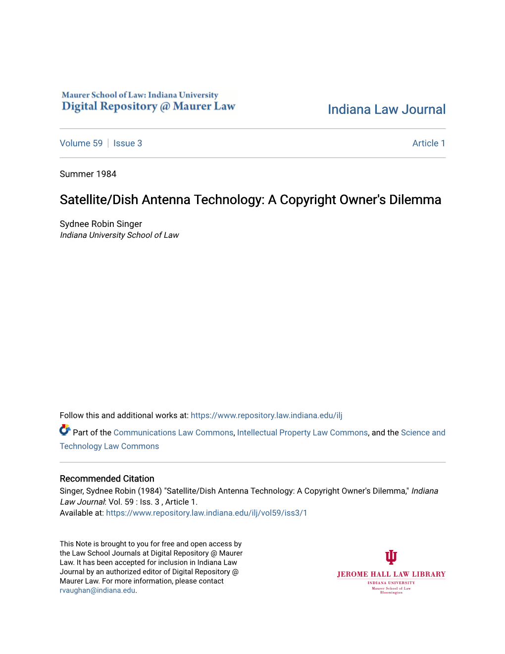 Satellite/Dish Antenna Technology: a Copyright Owner's Dilemma