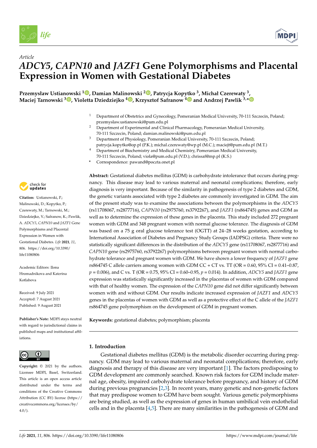 ADCY5, CAPN10 and JAZF1 Gene Polymorphisms and Placental Expression in Women with Gestational Diabetes