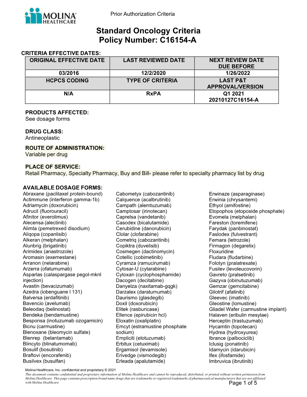 Standard Oncology Criteria C16154-A