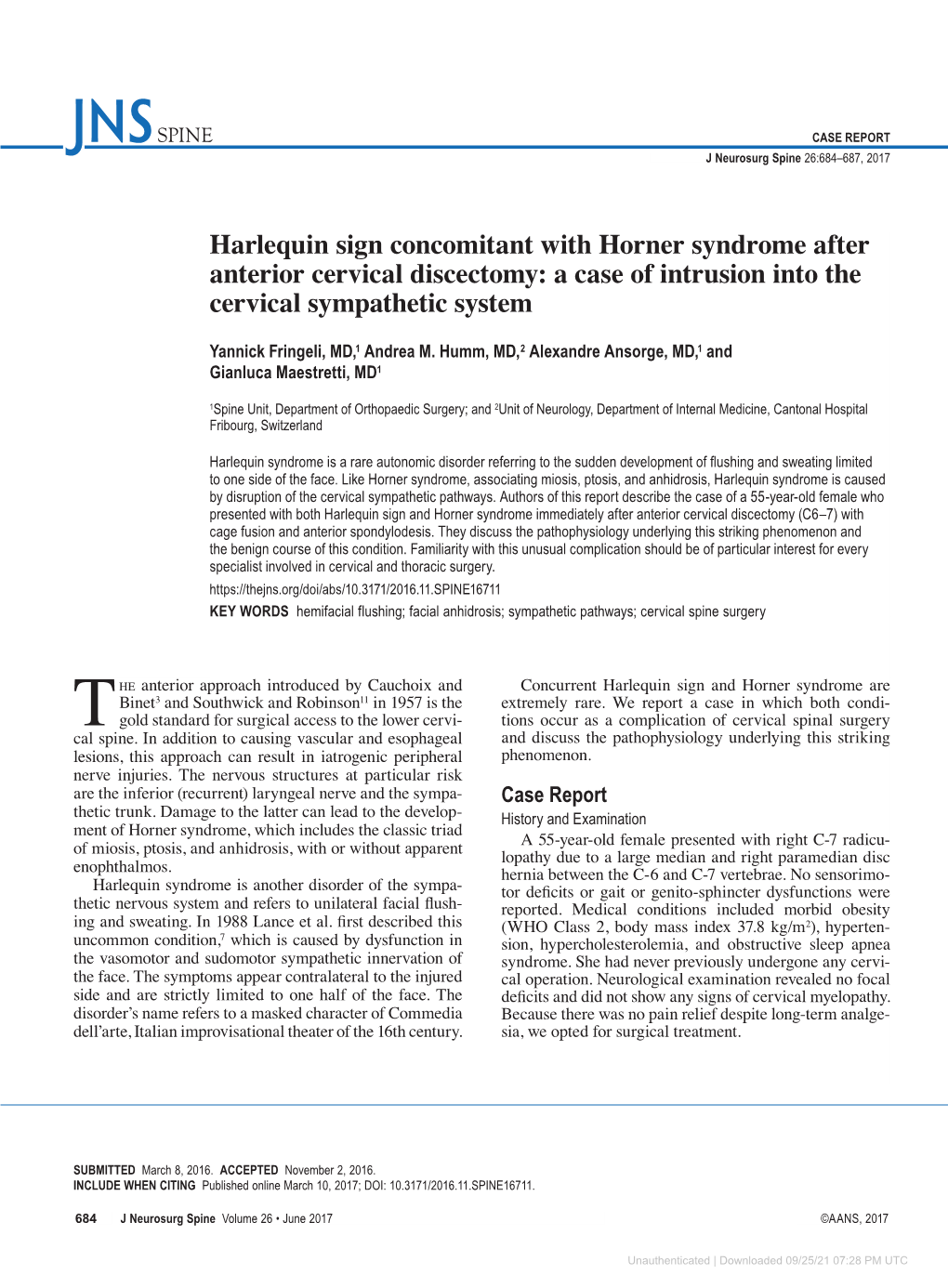 Harlequin Sign Concomitant with Horner Syndrome After Anterior Cervical Discectomy: a Case of Intrusion Into the Cervical Sympathetic System