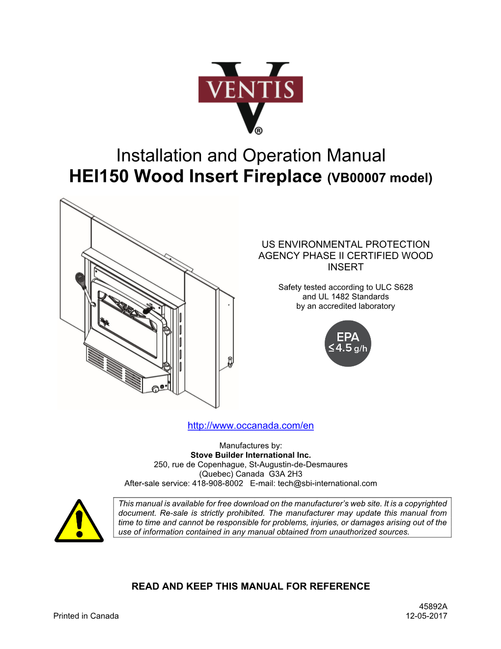 Installation and Operation Manual HEI150 Wood Insert Fireplace (VB00007 Model)