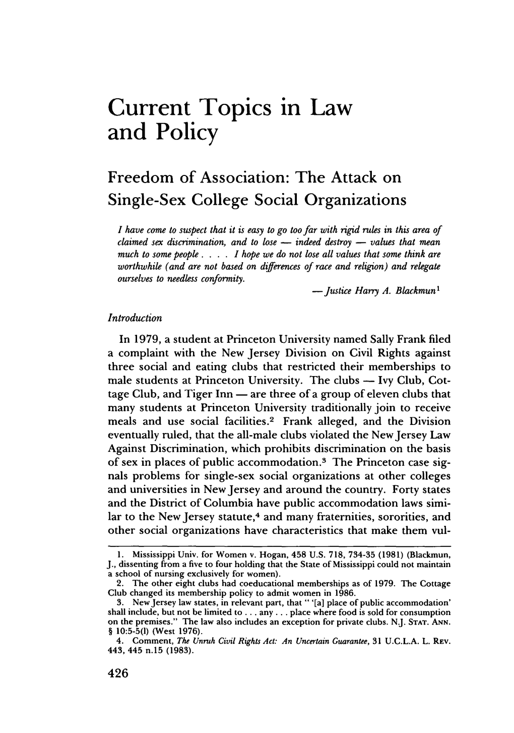 Freedom of Association: the Attack on Single-Sex College Social Organizations