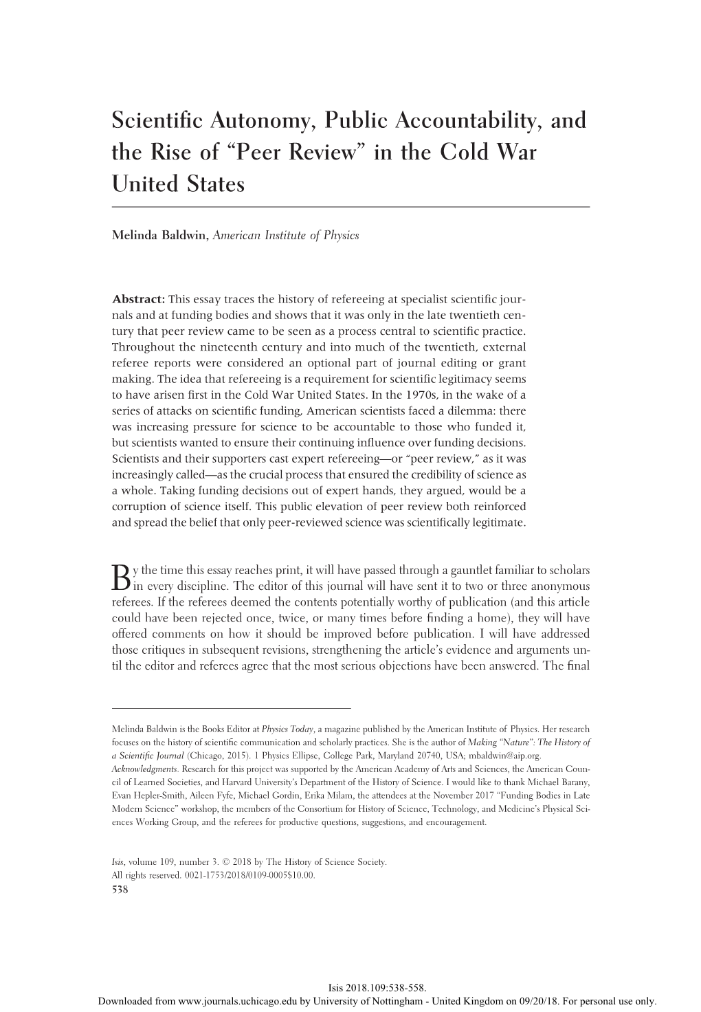 Scientific Autonomy, Public Accountability, and the Rise of “Peer Review” in the Cold War United States