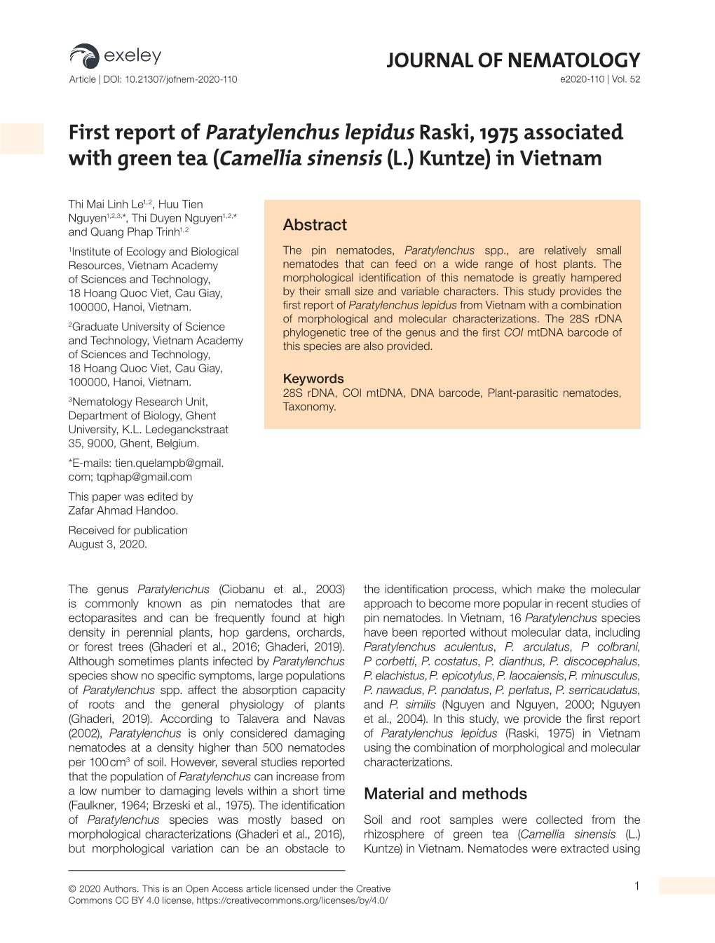 JOURNAL of NEMATOLOGY First Report of Paratylenchus