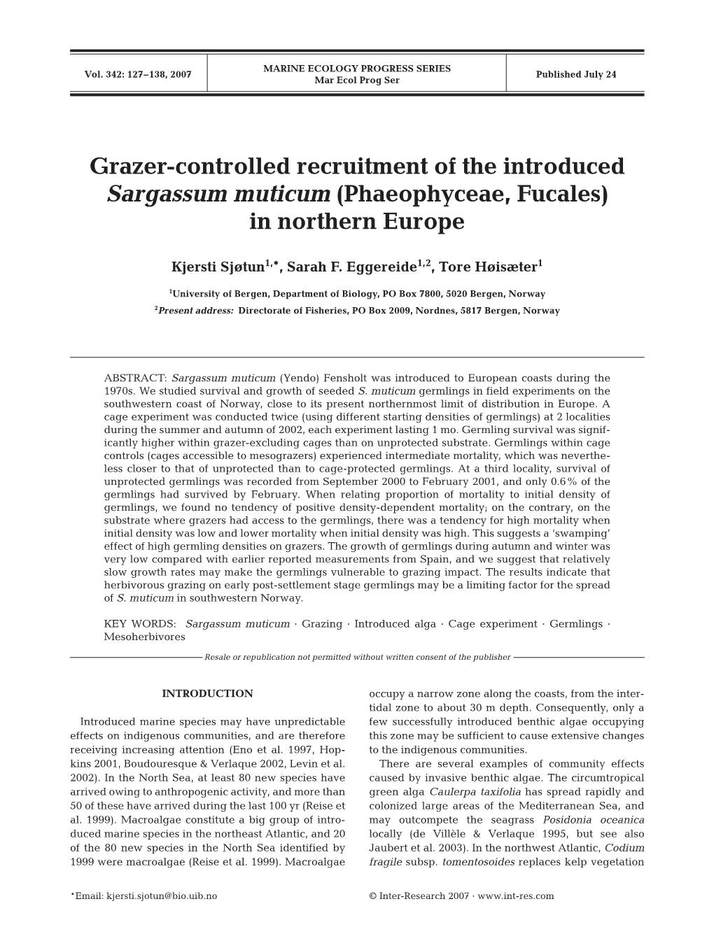 Grazer-Controlled Recruitment of the Introduced Sargassum Muticum (Phaeophyceae, Fucales) in Northern Europe