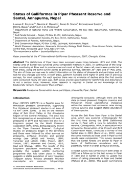 Status of Galliformes in Pipar Pheasant Reserve and Santel, Annapurna, Nepal