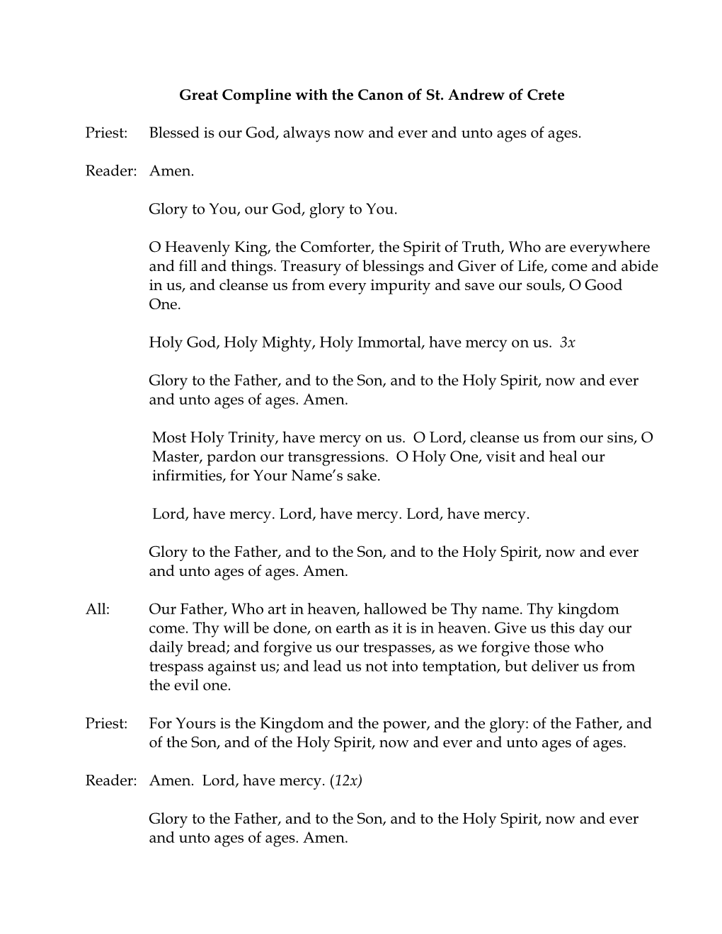 Great Compline Served with the Canon of St Andrew