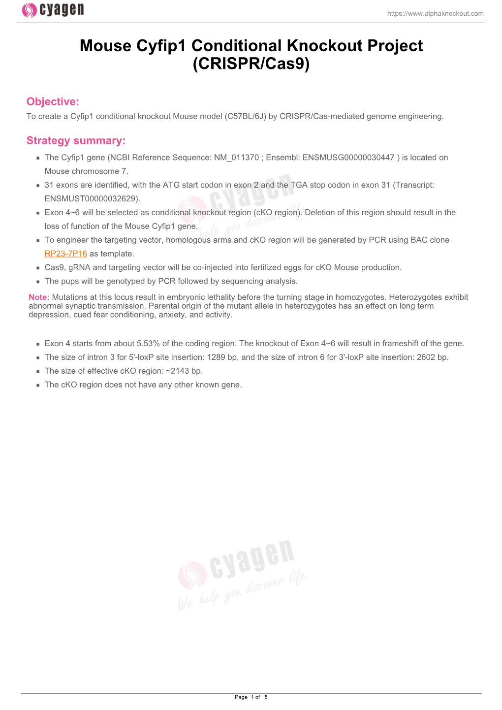 Mouse Cyfip1 Conditional Knockout Project (CRISPR/Cas9)