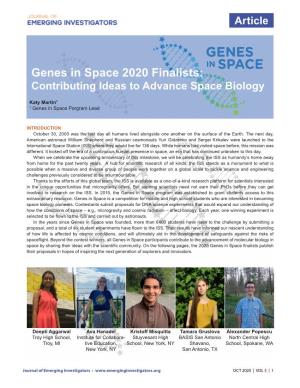 Genes in Space 2020 Finalists: Contributing Ideas to Advance Space Biology