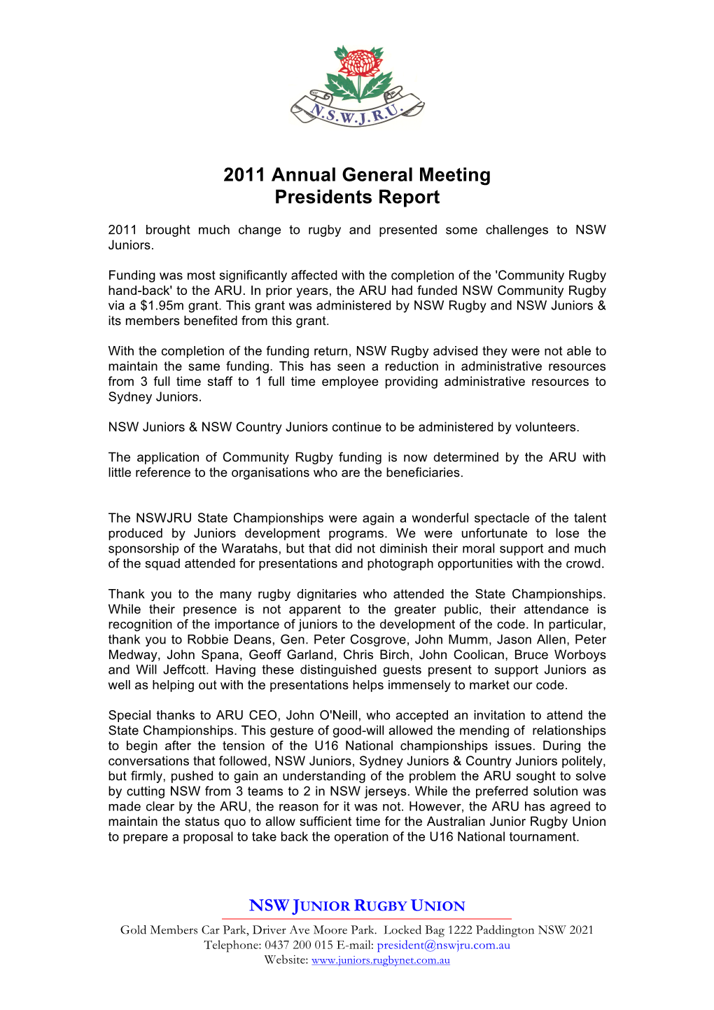 2011 Annual General Meeting Presidents Report