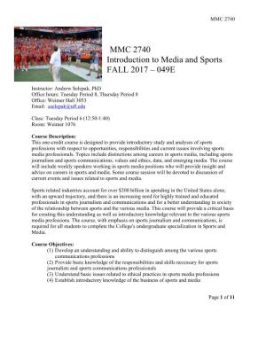 MMC 2740 Introduction to Media and Sports FALL 2017 – 049E