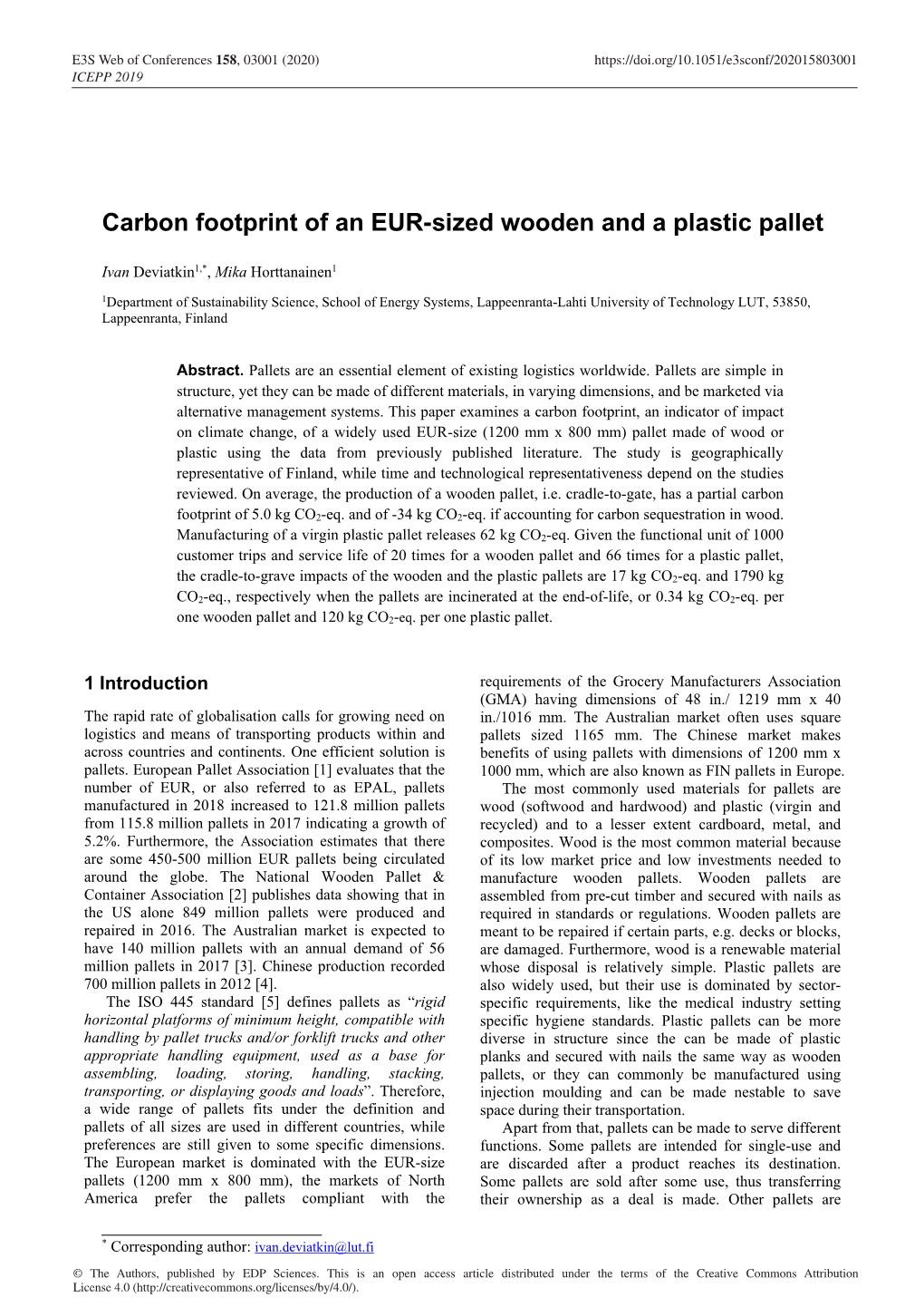 Carbon Footprint of an EUR-Sized Wooden and a Plastic Pallet