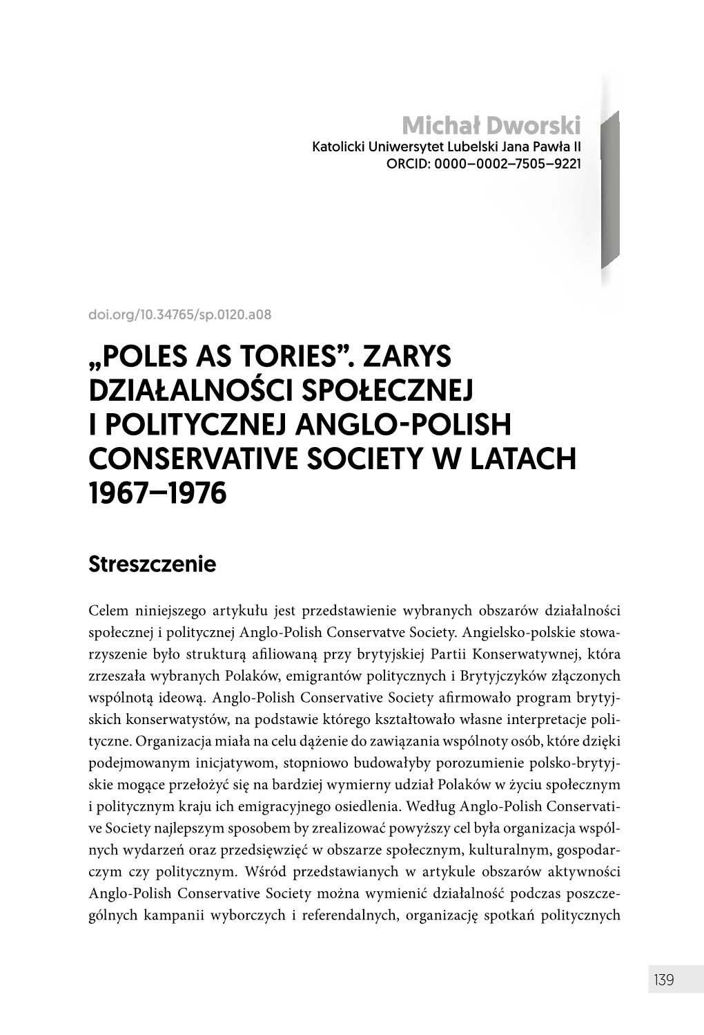 Zarys Działalności Społecznej I Politycznej Anglo-Polish Conservative Society W Latach 1967–1976