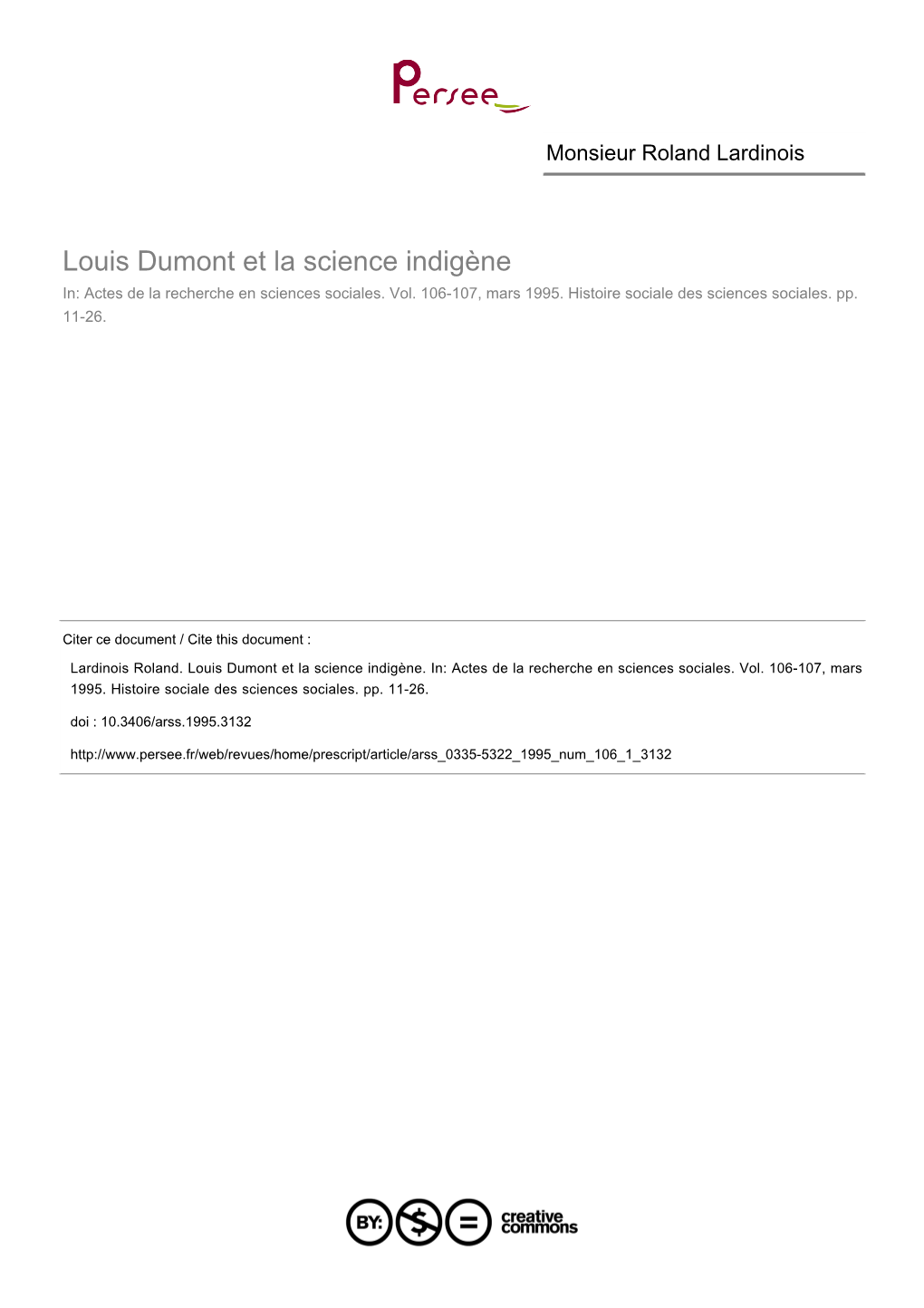 Louis Dumont Et La Science Indigène In: Actes De La Recherche En Sciences Sociales