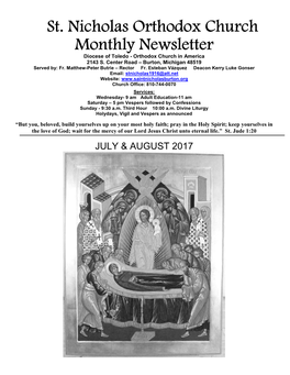 St. Nicholas Orthodox Church Monthly Newsletter Diocese of Toledo - Orthodox Church in America 2143 S