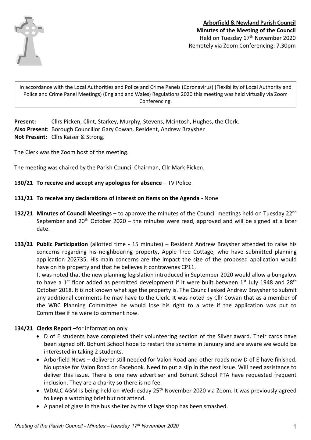 1 Arborfield & Newland Parish Council Minutes of the Meeting of the Council Held on Tuesday 17Th November 2020 Remotely