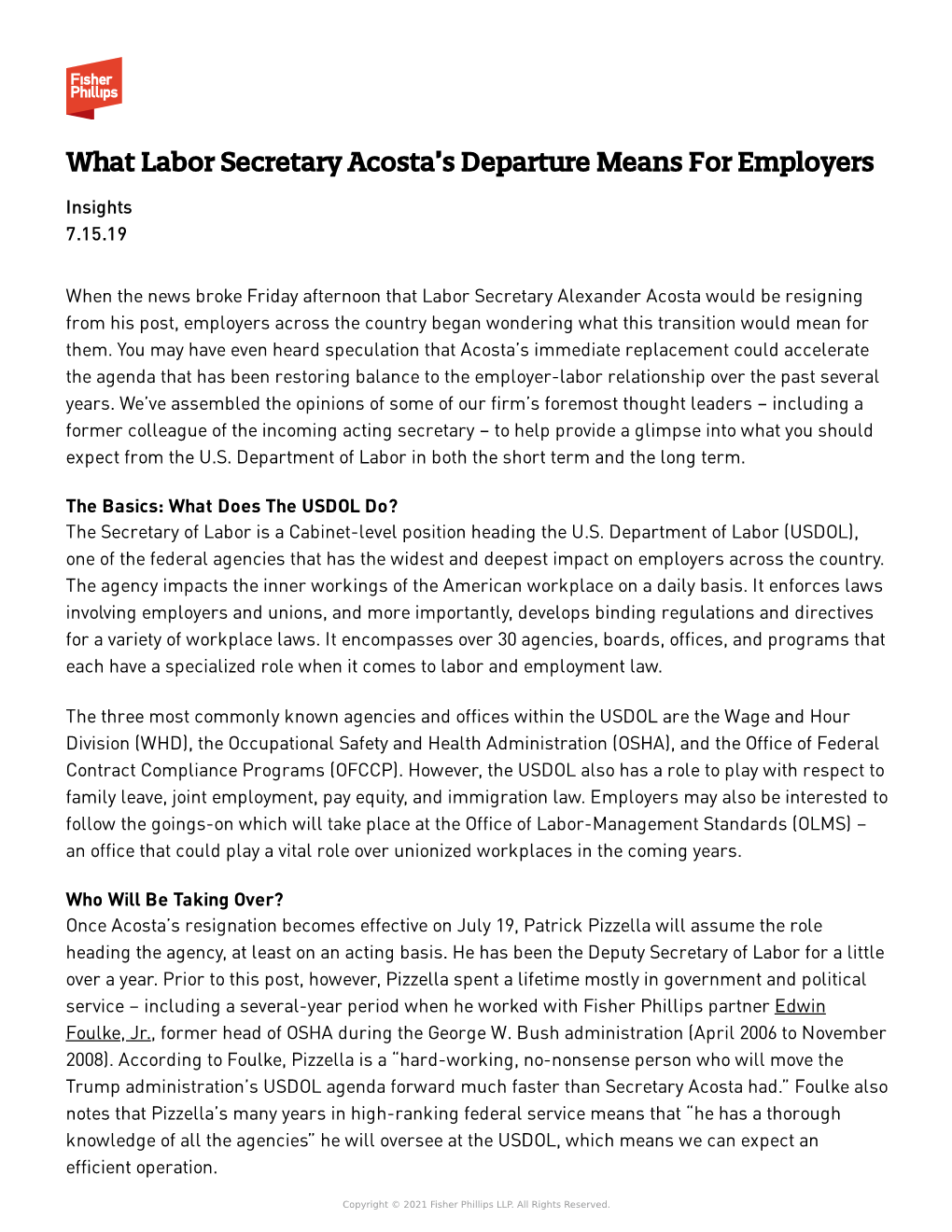 What Labor Secretary Acosta's Departure Means for Employers