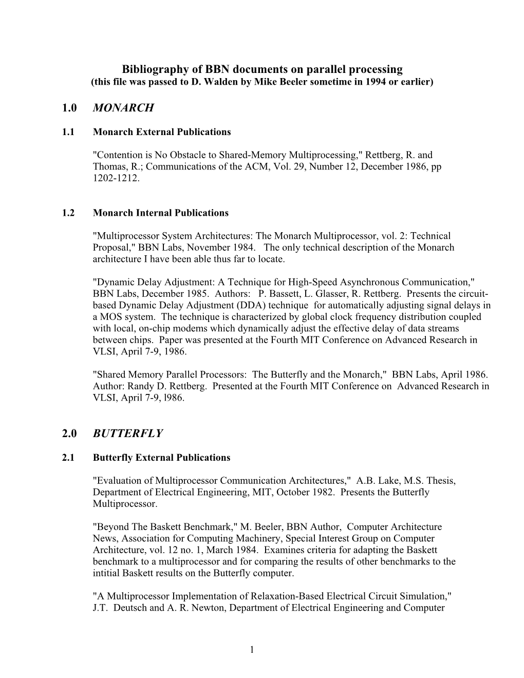 Bibliography of BBN Documents on Parallel Processing 1.0 MONARCH